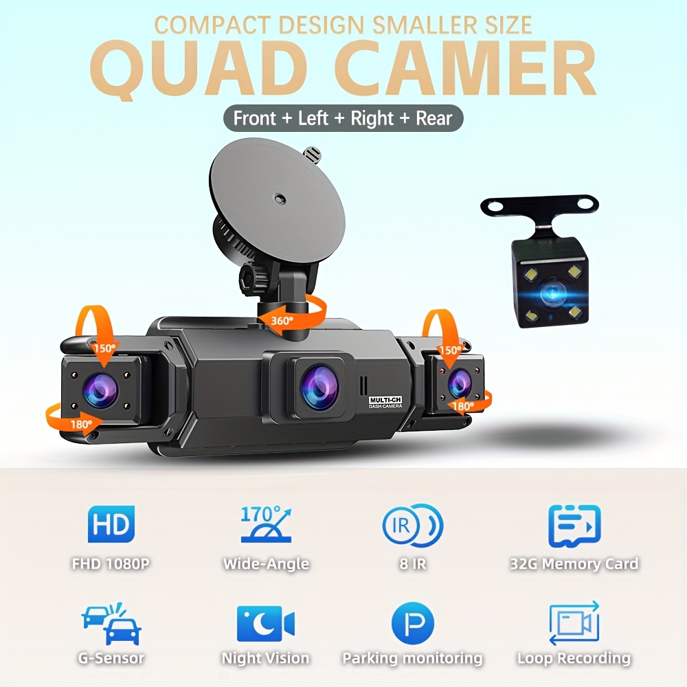 32GB 4-Lens Car Dashboard Video Cam, FHD1080P Dash Cam for Cars, Front, Rear, Left And Right, with 8IR Night Vision, Loop Recording, 170° Wide Angle Car DVR Camera