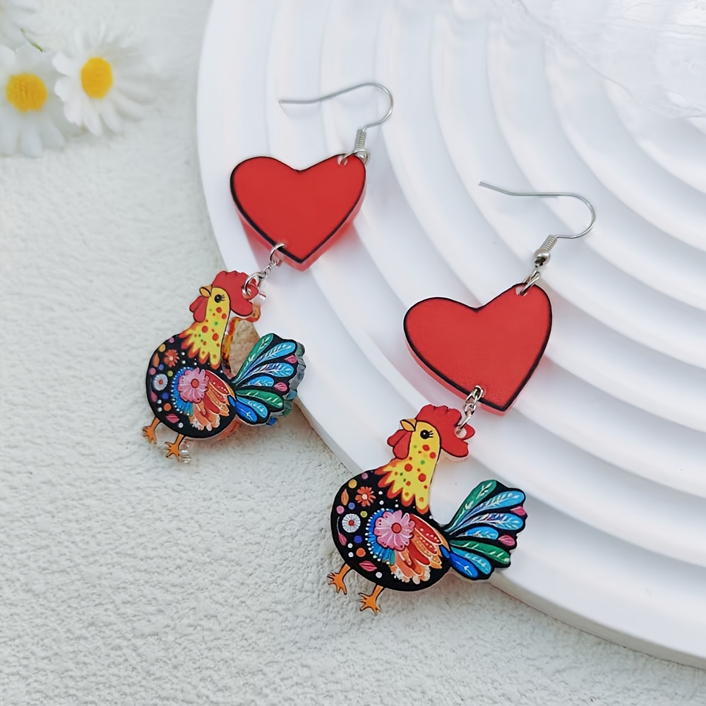 TEMU 1 Pair Women's Chicken Earrings - Hand-painted Resin Chicken Dangle Earrings Suitable For Valentine's Day Gifts, Chinese New Year, Easter,
