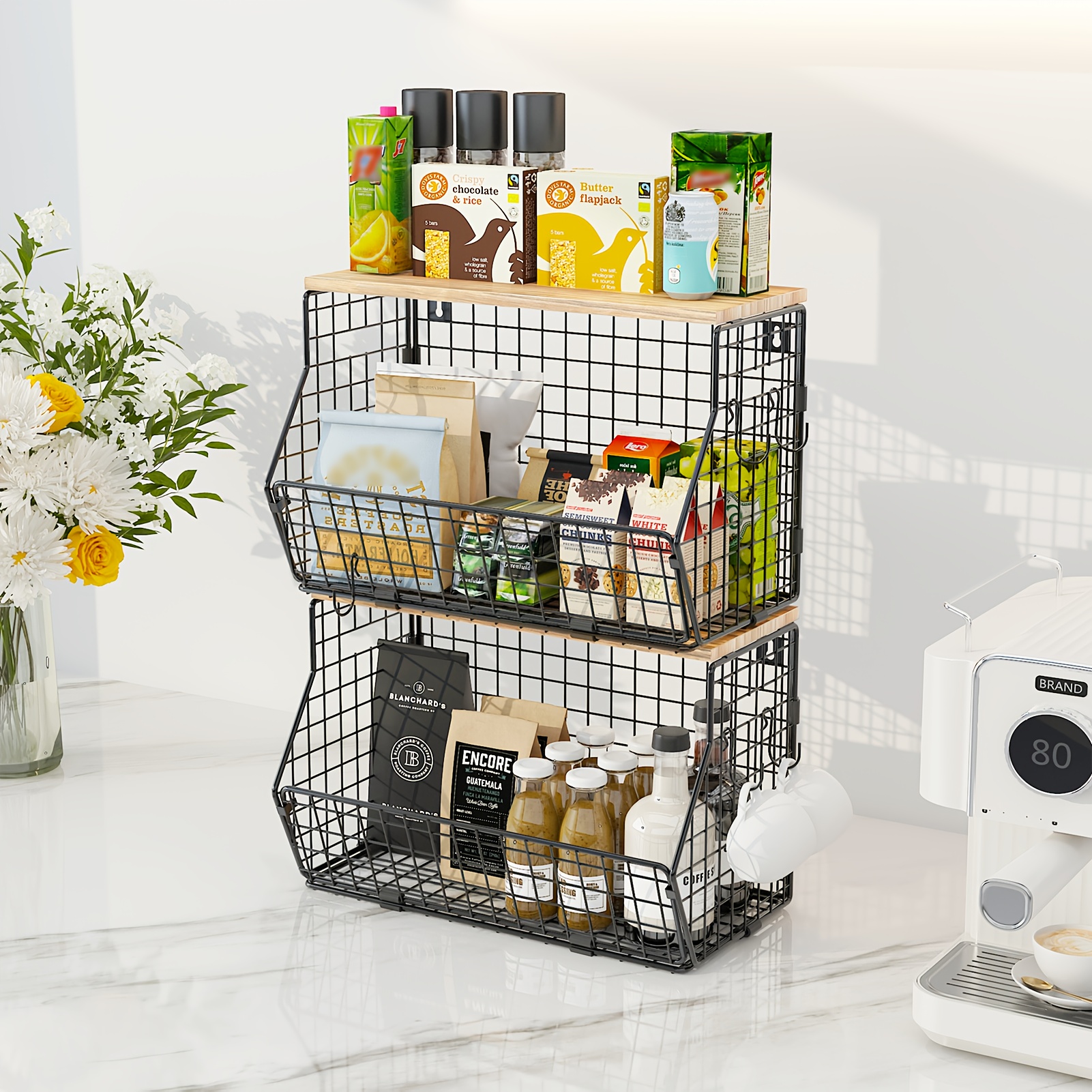 TEMU 1-tier -tier Stackable Metal Wire Fruit Basket With Lid - Hanging Kitchen Pantry Storage Bin, Space-saving Vertical Organizer Suitable For