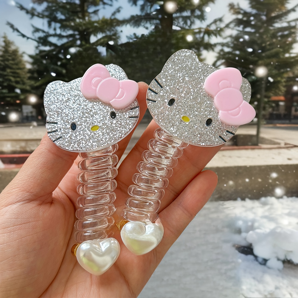 Image of 2pcs Hello Kitty Spiral Hair Tie Cute Cartoon Beaded Phone Lanyard Hair Tie With Bow And Heart Charm, High Elasticity No Damage Hair Additions, Ideal Valentine's Day Gift For Girlfriend