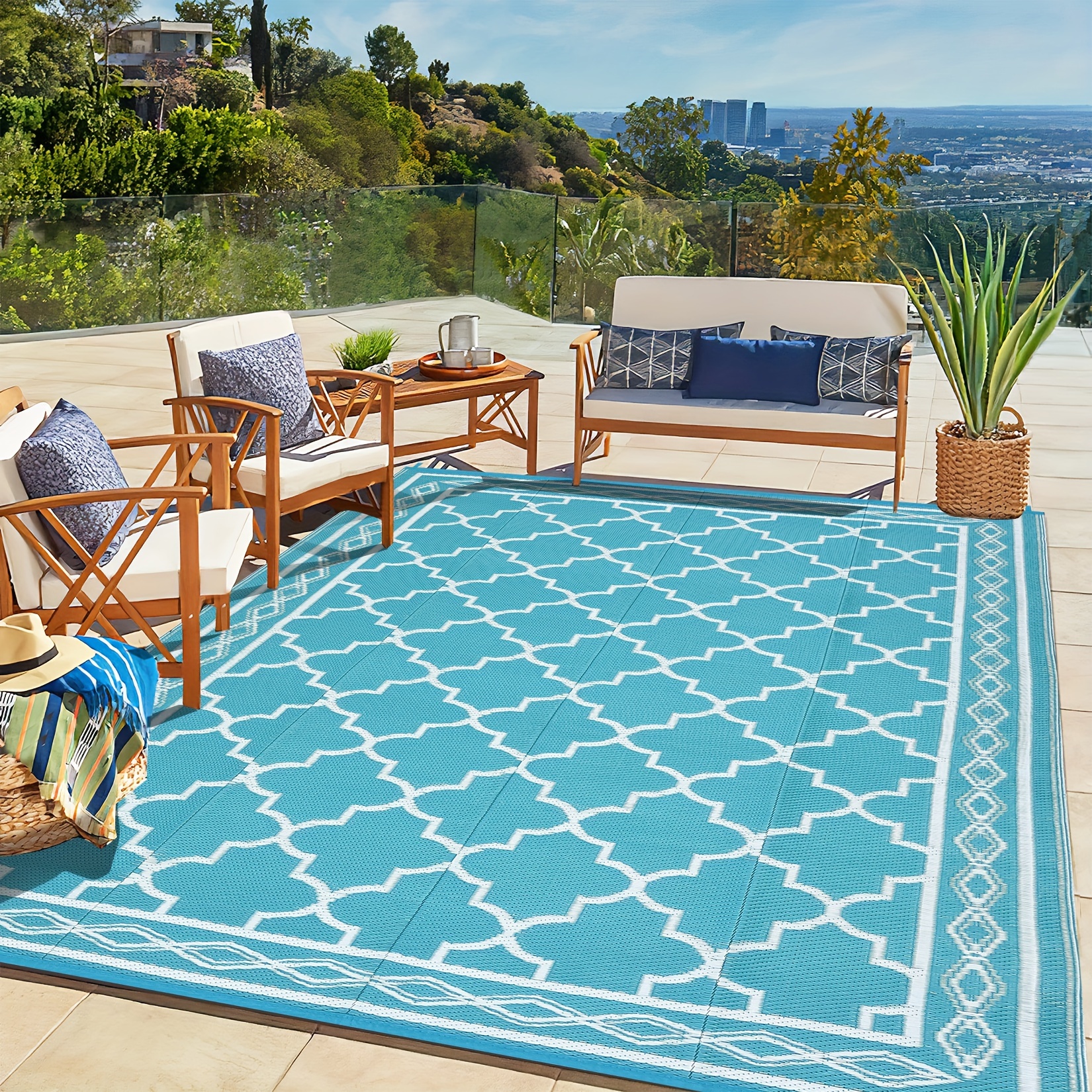 

Outdoor Rug Carpet Waterproof Reversible Patio Rug Outside Plastic Carpet, Stain & Uv Resistant Portable Rv Mat Straw Rug For Camping, Backyard, Deck, Picnic, Porch, White/teal