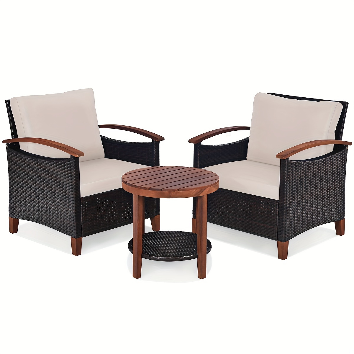 

Costway 3pcs Patio Rattan Furniture Set, Wooden Frame Cushion Table Shelf