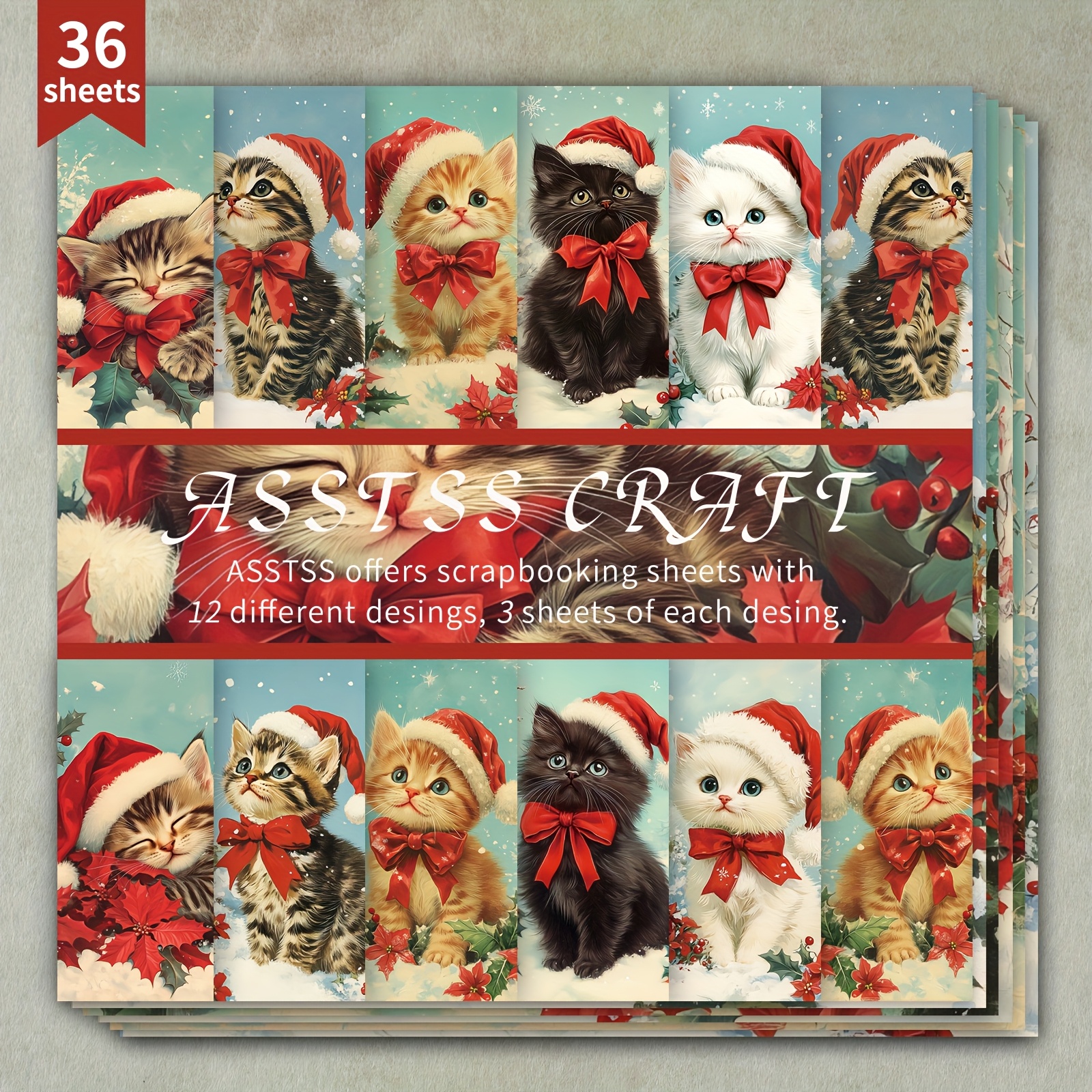TEMU Asstss 36-sheet Heavyweight Scrapbook Paper Pad - Christmas Cat Theme With 12 Tabby & Tuxedo Kitten Patterns, Holly & Snowflake Designs, 6"x6"