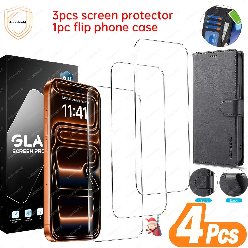 TEMU 3pcs Hd Tempered Glass Screen Protector 1pc Flip Phone Case, [9h  Hardness] [] [] [phone Case Friendly], For Iphone 13/14 /15 /16/17/ Plus/