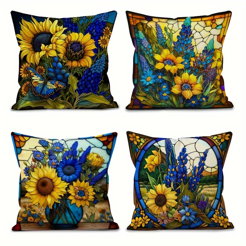 

Sunflower And Blue Flower Polyester Throw Pillow Covers Set Of 4, Machine Washable Decorative Zippered Pillowcases For Room Types, Woven Floral Pattern, 18x18 Inches - Pillow Inserts Not Included