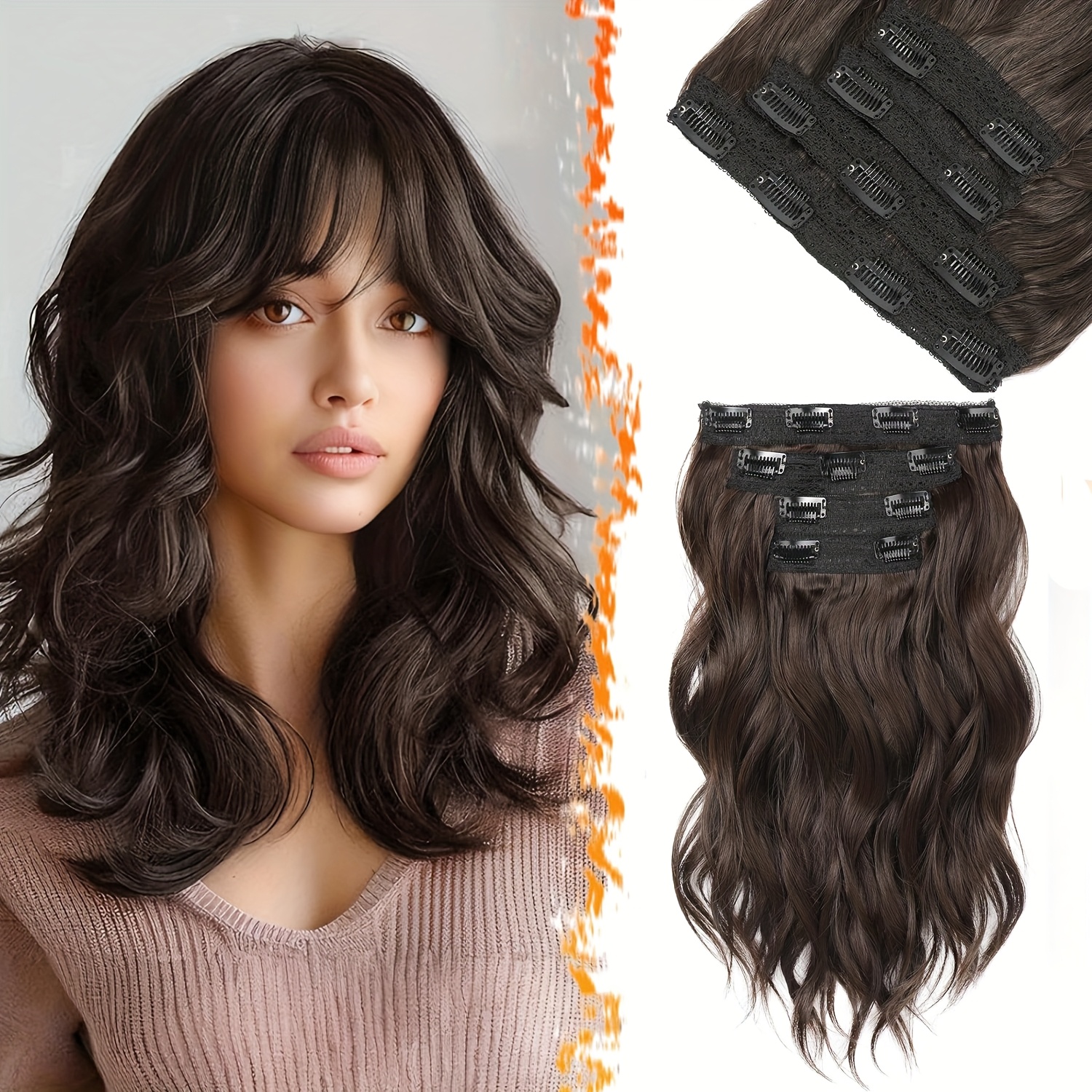 4pcs   clip in hair extensions for women - short curly wave with invisible lace weft,   synthetic hairpieces for daily & party use, all   details 1