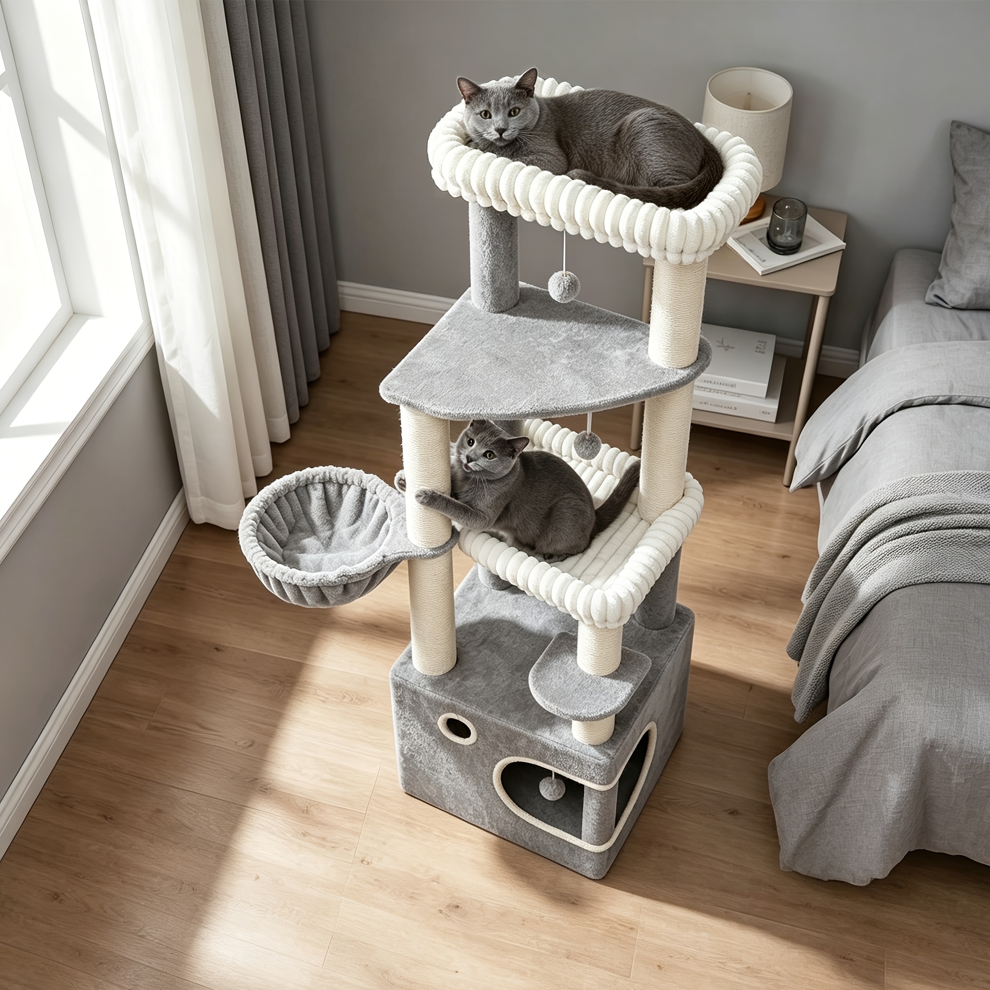 152cm Multi-tier Cat Tree | Sisal Posts And 3 Extra-large Platforms And 3 Bell Hanging Balls, 6-tier Cat Tree, A Comfortable Paradise For Multiple Cats