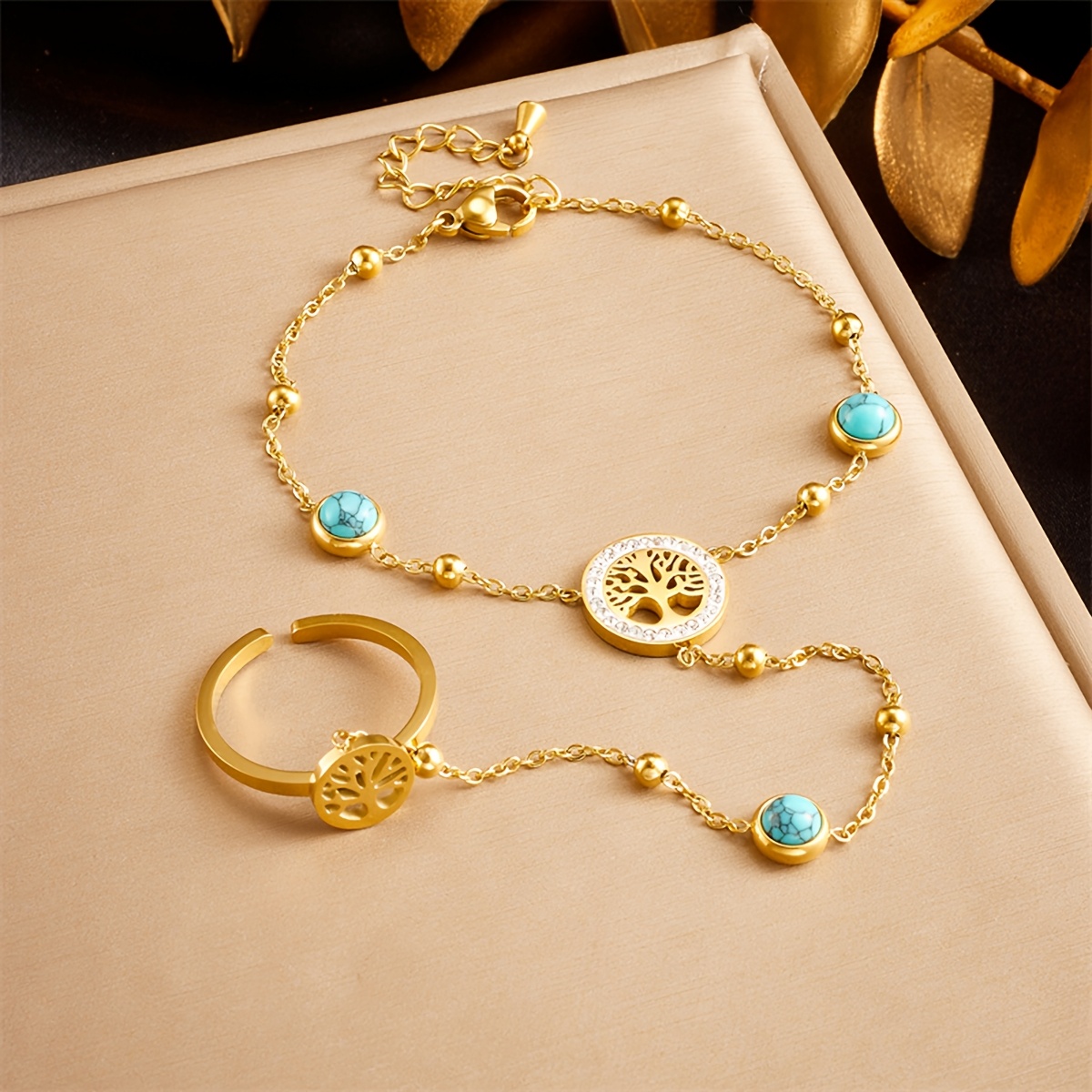Image of Bohemian Fashion Stainless Steel Jewelry Finger Bracelet Blue Round Beads Men And Women Party Gift
