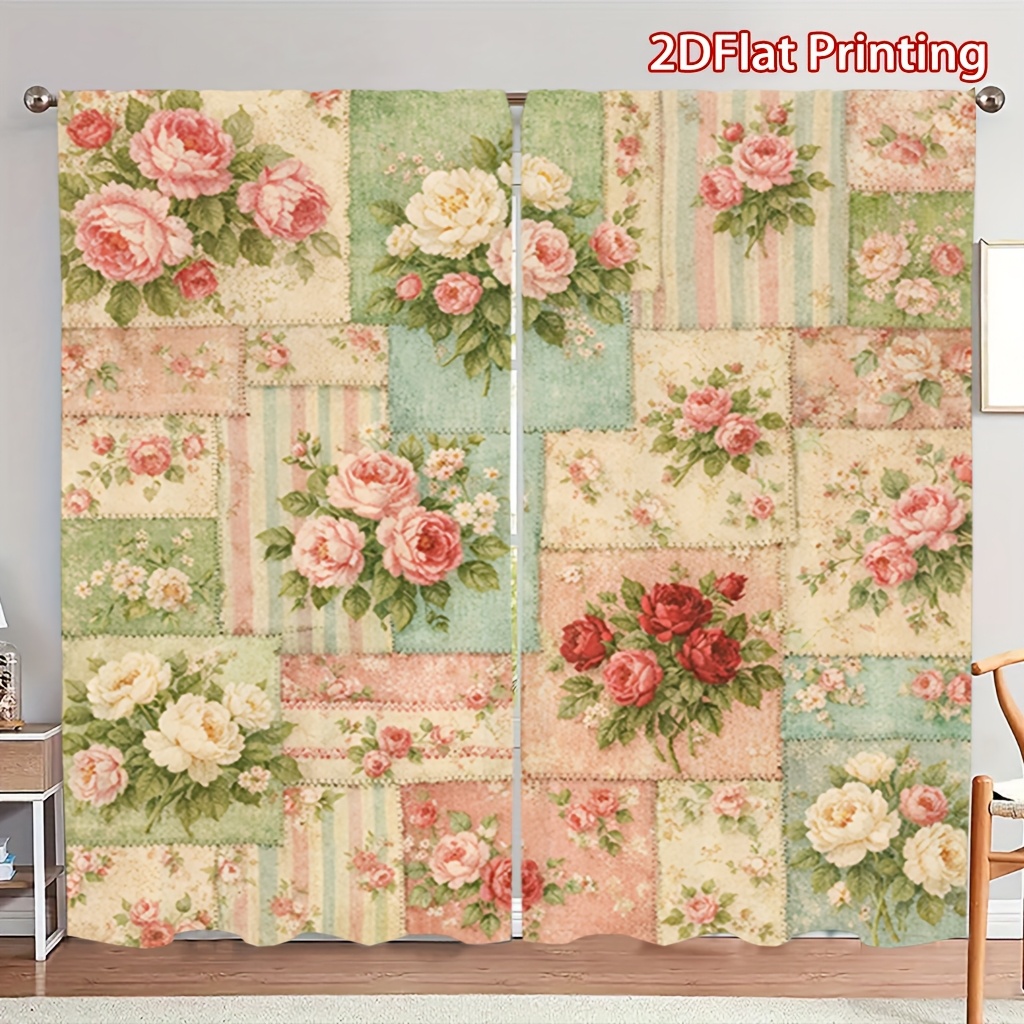 TEMU [ Products]set Of 2 Vintage Floral Printed Curtains That Softly Filter Light And Privacy. Pocket Rod Curtains Are Suitable For Living Rooms,