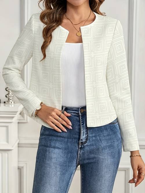 item picture womens short length round neck open front jacket with spiral pattern and print
