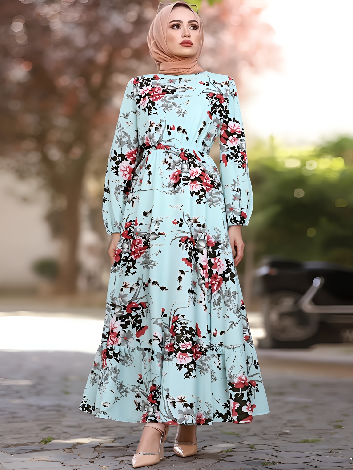 elegant floral print long sleeve maxi dress pleated detail - Temu Australia
