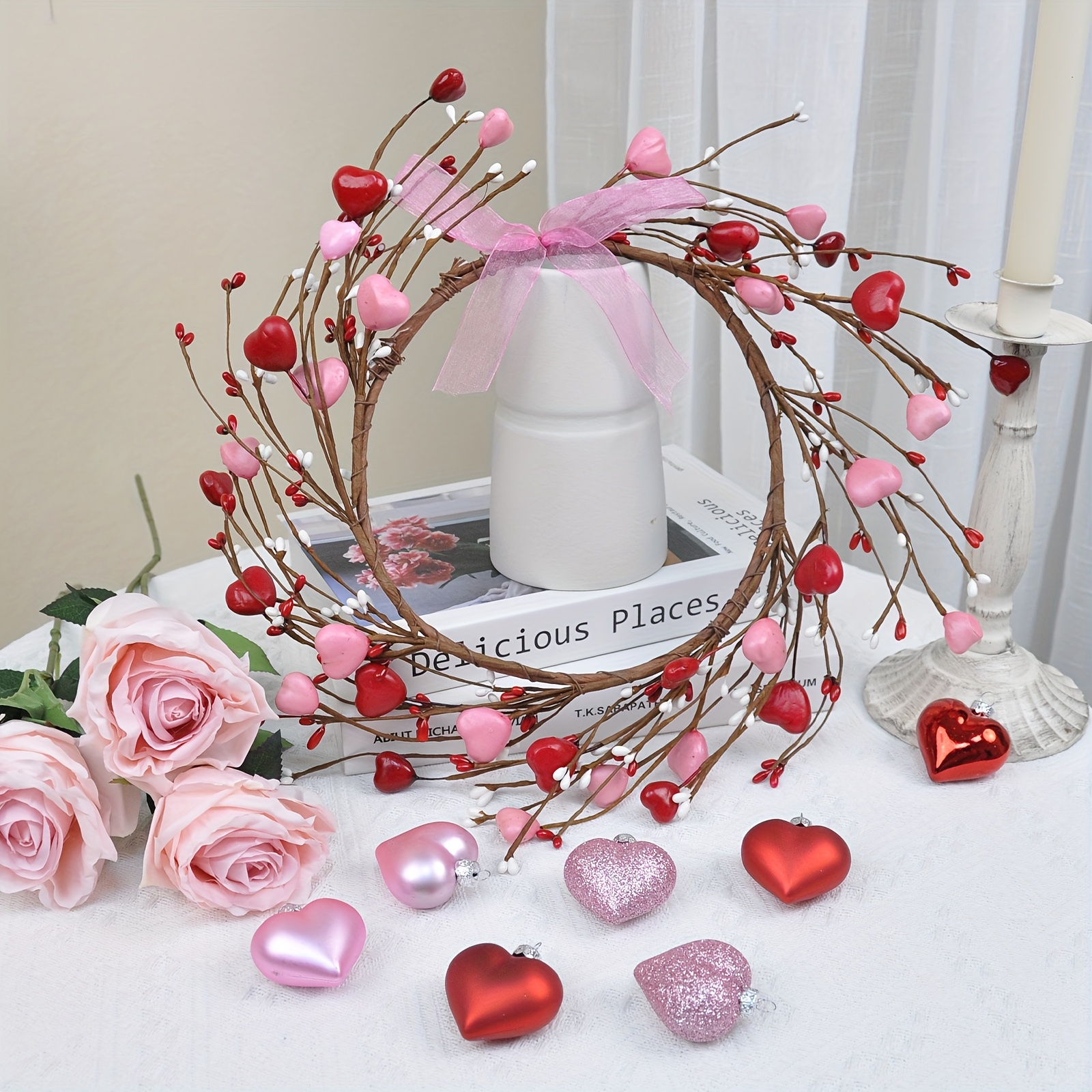 

1pc 13.78inch/35cm Artificial Love Round Wreath Front Door Wreath For Day Valentine's Decoration Wedding Decoration Decoration