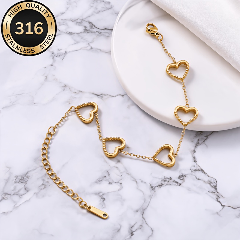 Women's Low Allergy Stainless Steel Double Hollow Heart Bracelet, Elegant Accessory