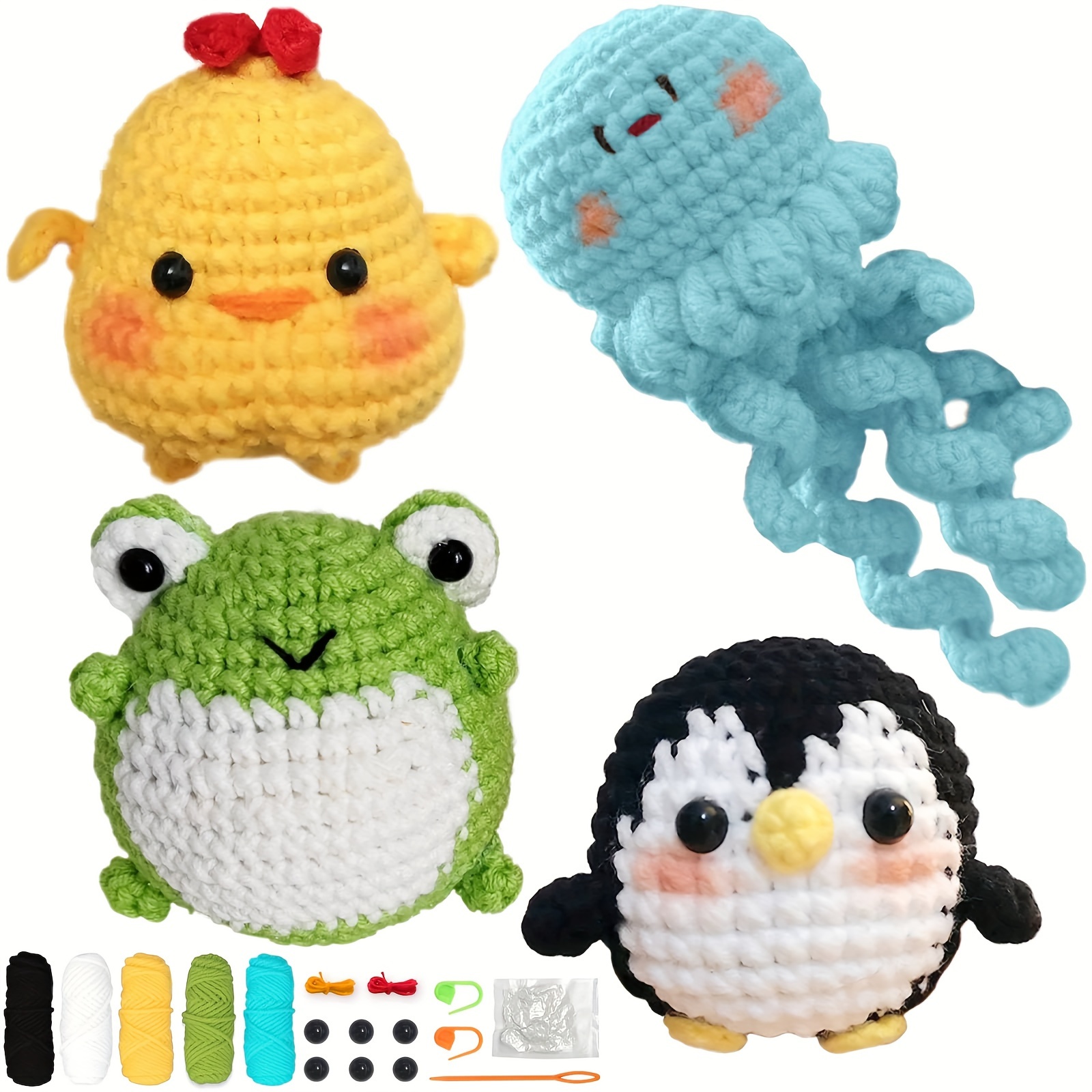 

4pcs Crochet Kit, Penguins, Chickens, Frogs, Jellyfish, Knitting Kit With Yarn, Professional Crochet Starter Kit For Adults Animal Crochet For Beginner (accessories In Random Color)