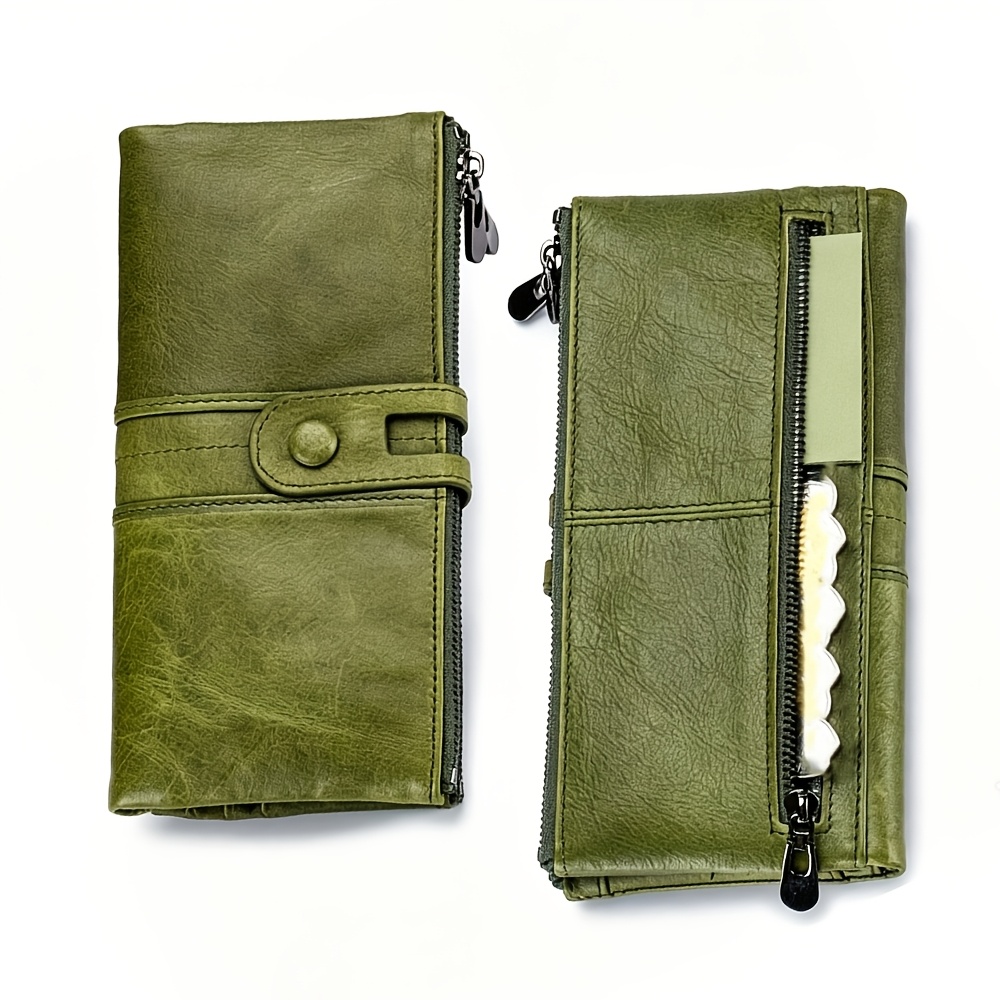 Image of Large Capacity Genuine Leather Rfid Wallet With Anti-theft Brush, Dual Zipper Pockets & Multiple Card Slots – Stylish Clutch For Everyday Use, Green, Card Holder Wallet