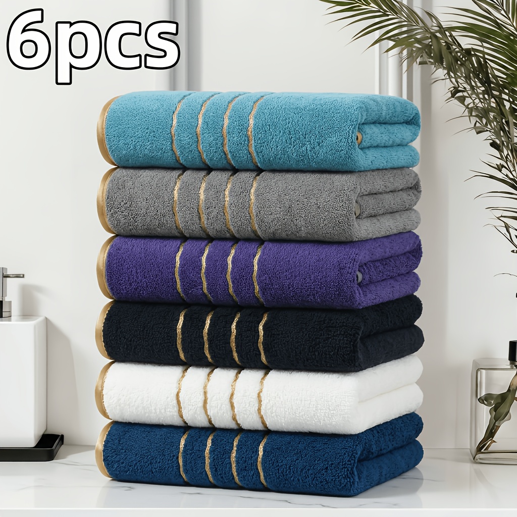 TEMU 6-strip Pack Hand Towels, 300gsm 35x75cm Face Towels, Pattern, Golden Trimmed Towels, Thickened Coral Fleece Polyester-nylon Blend, Quick Drying