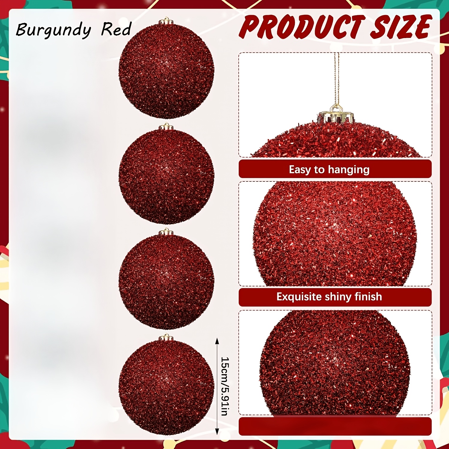 TEMU 4pcs, 15Cm/6Inch Grands Ornements de Balle de Noël Décor de Paillettes d'Extérieur , Enorme Balle de Paillettes Suspendue, Décorations de Porche