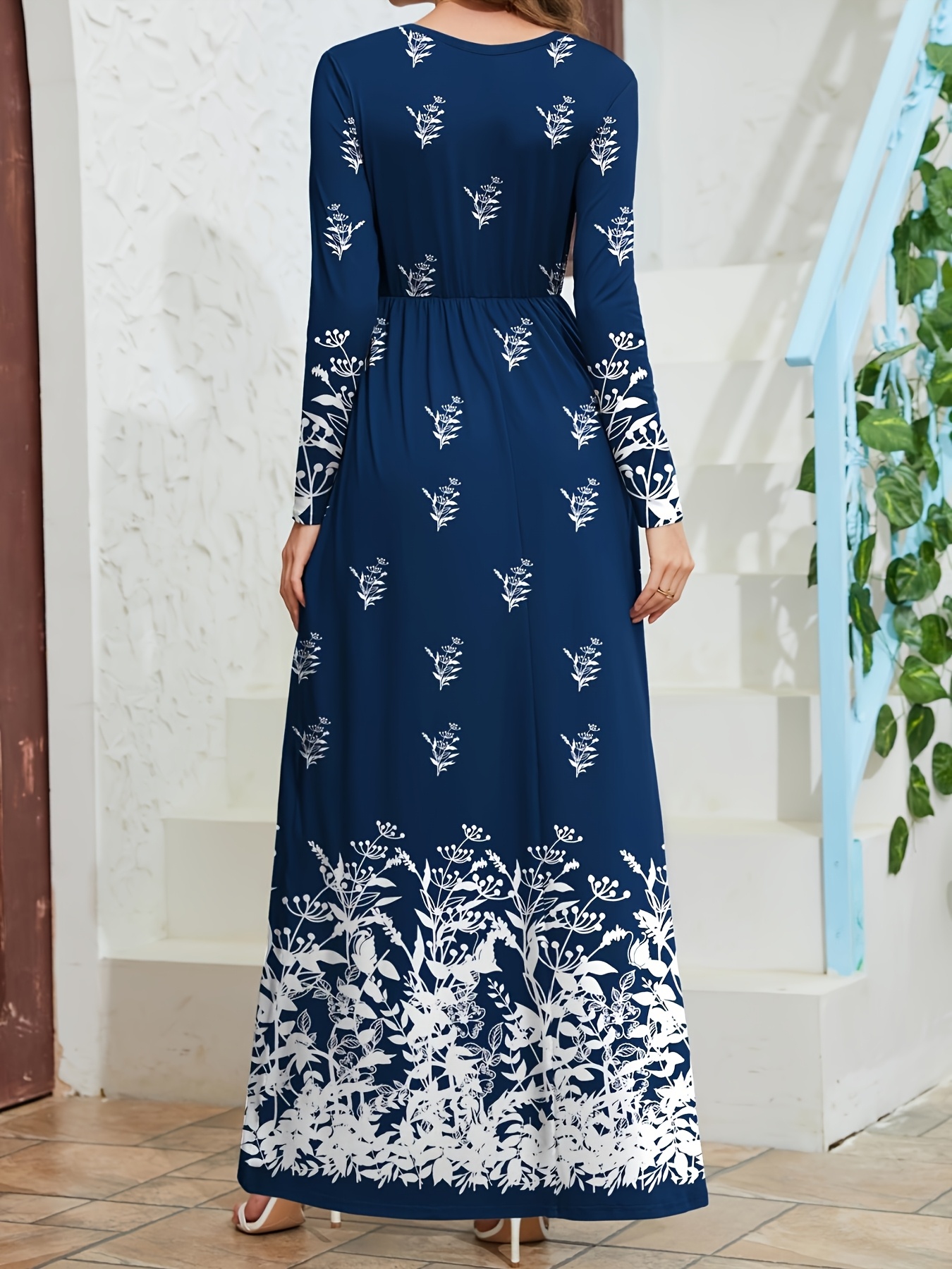 womens navy blue floral print maxi dress casual long sleeve - Temu Oman