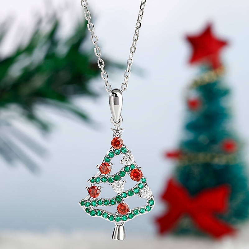 

1 Elegant Women's Christmas Tree Pendant Necklace With Gemstones - Synthetic May Birthstone, Copper , Holiday Jewelry Gift For Girls