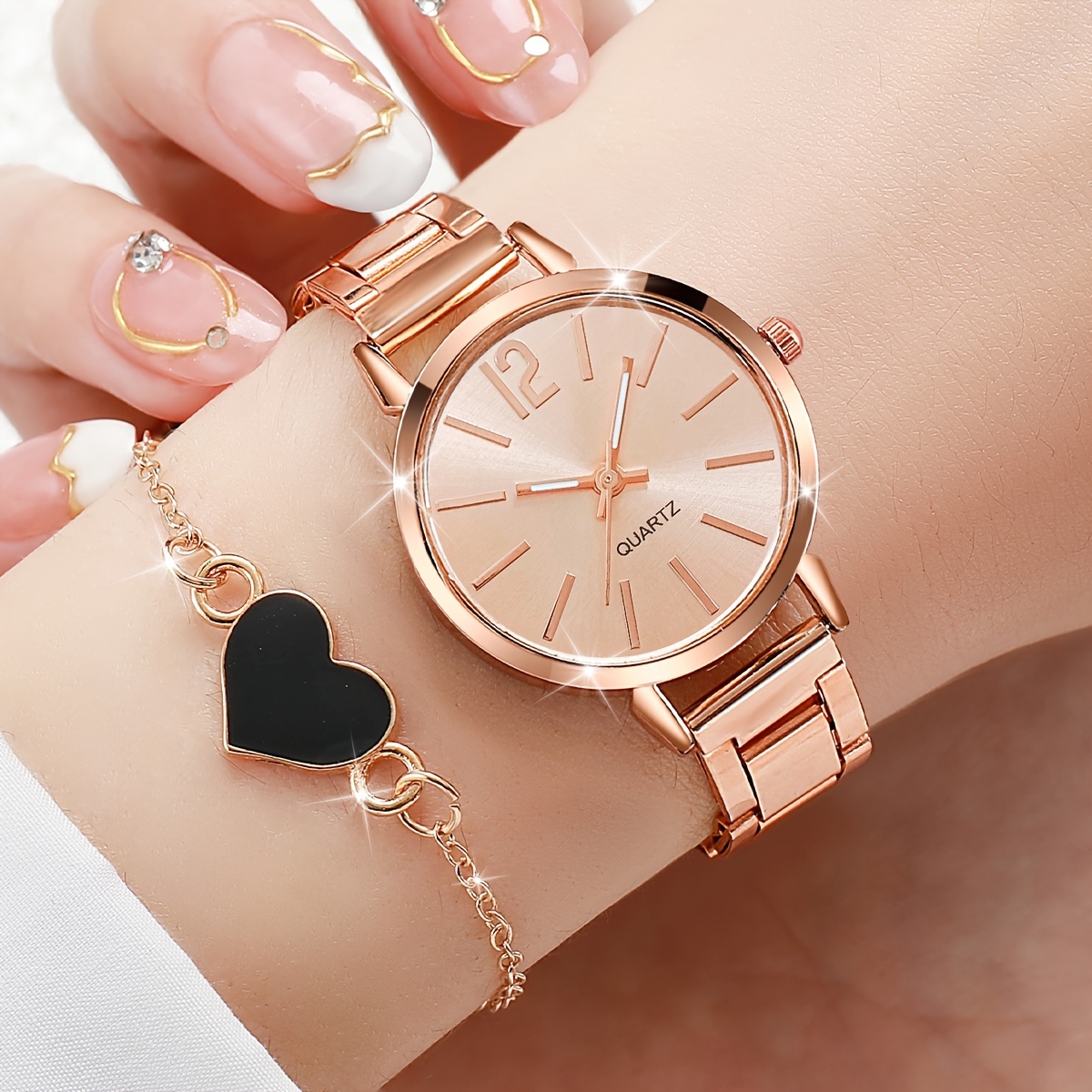 

2pcs/set Women's Rose Golden Fashion Quartz Watch Analog Steel Band Wrist Watch & Heart Bracelet, Valentine's Day Gift For Her