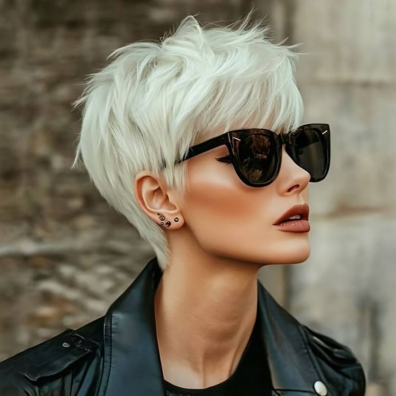 TEMU Short Straight Gray Synthetic Wig With Bangs - -looking Layered Short Hair Wigs For Women Suitable For Christmas Parties, Music Festivals & Casual Attire - Maintenance & Change