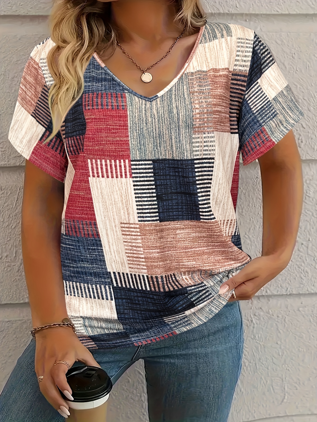 Plus Size, Plus Size Women's Casual V-Neck Short Sleeve T-Shirt - Stretchy Patchwork Print Top with Lime Green & Purple Geometric Design, Machine Washable for Spring Summer Fall, Seasonal Fashion, Nontransparent Fabric, Highelastic Material