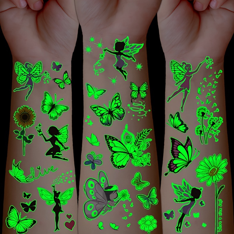 

14 Sheets Glow-in-the-dark Butterfly & Flower Temporary Tattoos - Colorful Body Art Stickers For Festive Celebrations And Gifts