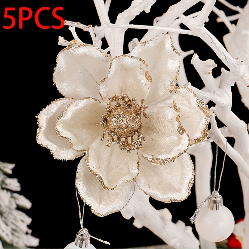 TEMU 5pcs Glitter Christmas Flower Magnolia Flowers Artificial Poinsettia Fold Christmas Tree Flower Decorations Xmas Tree New Year Party Wedding