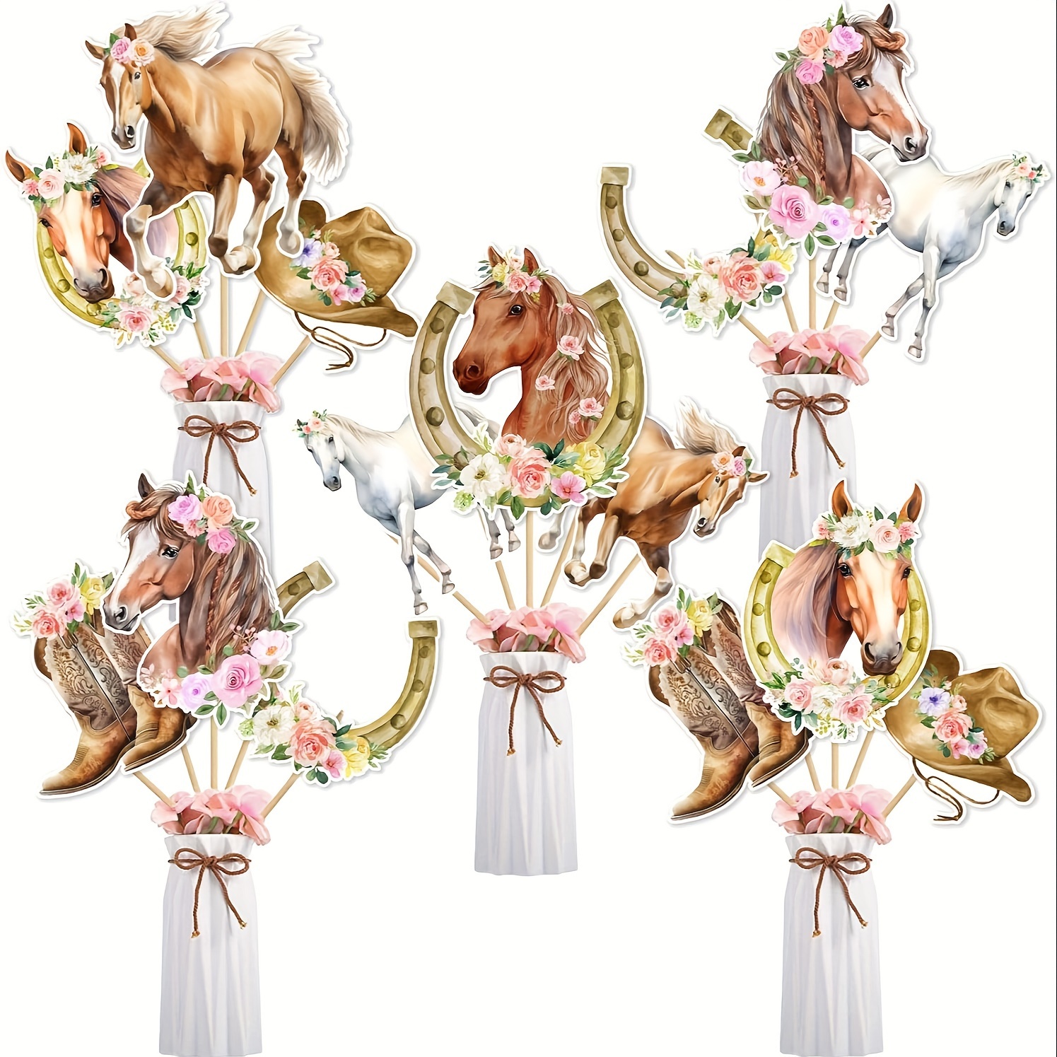 

24pcs Horse Centerpiece Sticky Table Decor, Horse Themed Birthday Party Supplies, Horse Racing Western Cowboy Pink Floral Centerpiece Table Top Home Decor