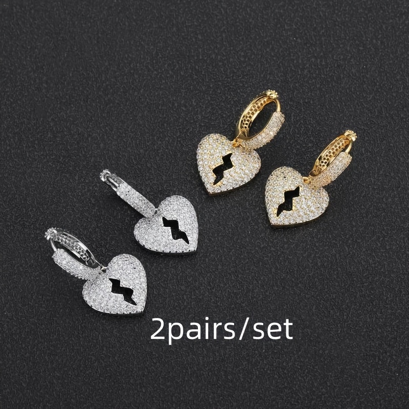 

/set Fashionable High Quality Cubic Zirconia Hip Hop Men Women Jewelry Heart Shape Pendant Earrings Party Vacation Gifts