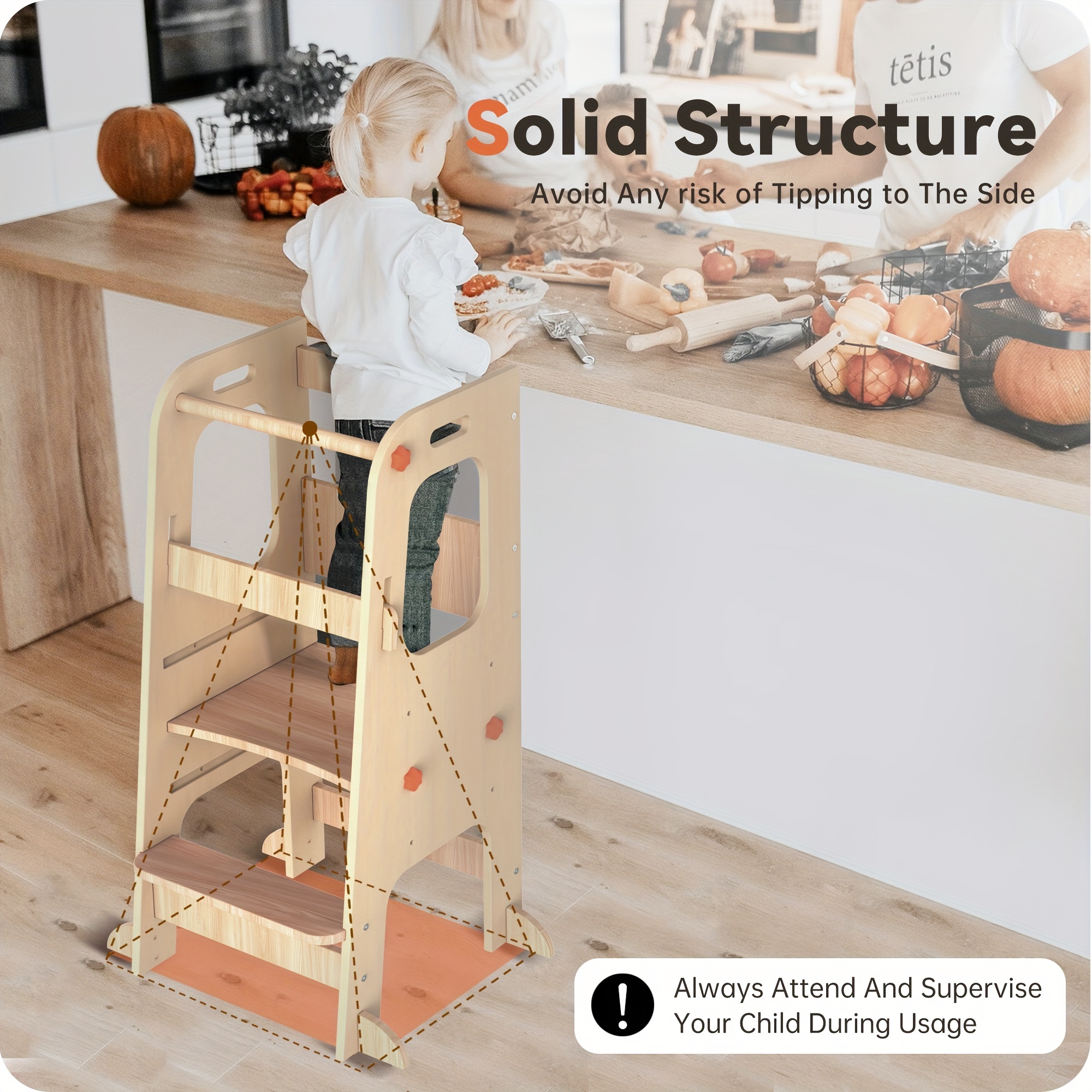 

Toddler Tower, Wooden Step Stool For Toddlers, Toddler Kitchen Stool Helper With 3 Adjustable Height Non-skid Feet Anti-drop Rail, Montessori Standing Tower For 18 Months - 5 Years