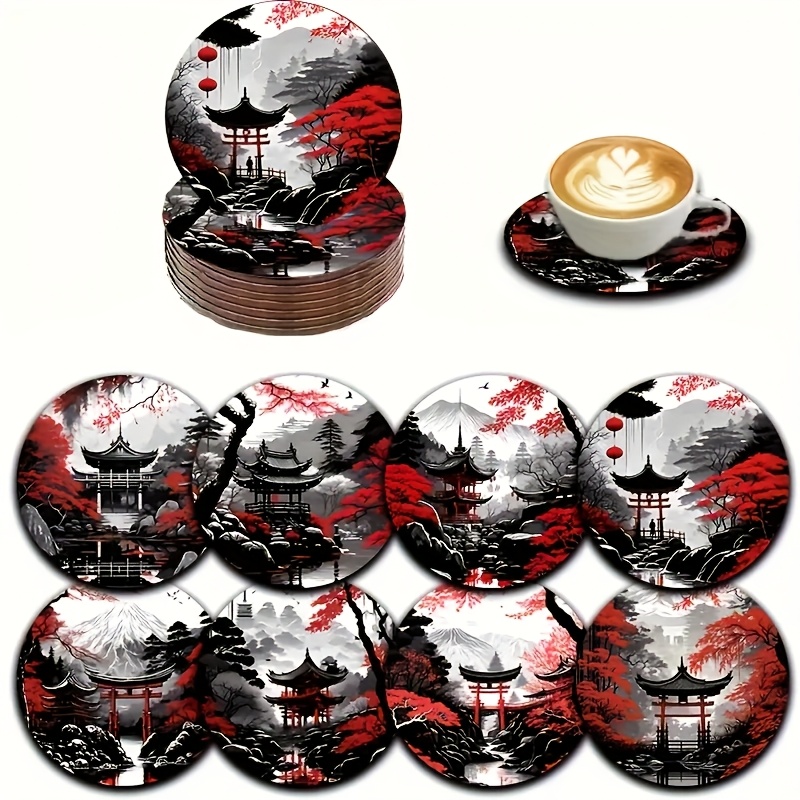 TEMU A Set Of 8 Japanese Landscape Wooden Coasters Set, Classical Ink Painting, Bird Gate, , , Tea Coasters, Coffee And Beverage Coasters, Home Dining Decoration, Ideal Housewarming Gift For Parents