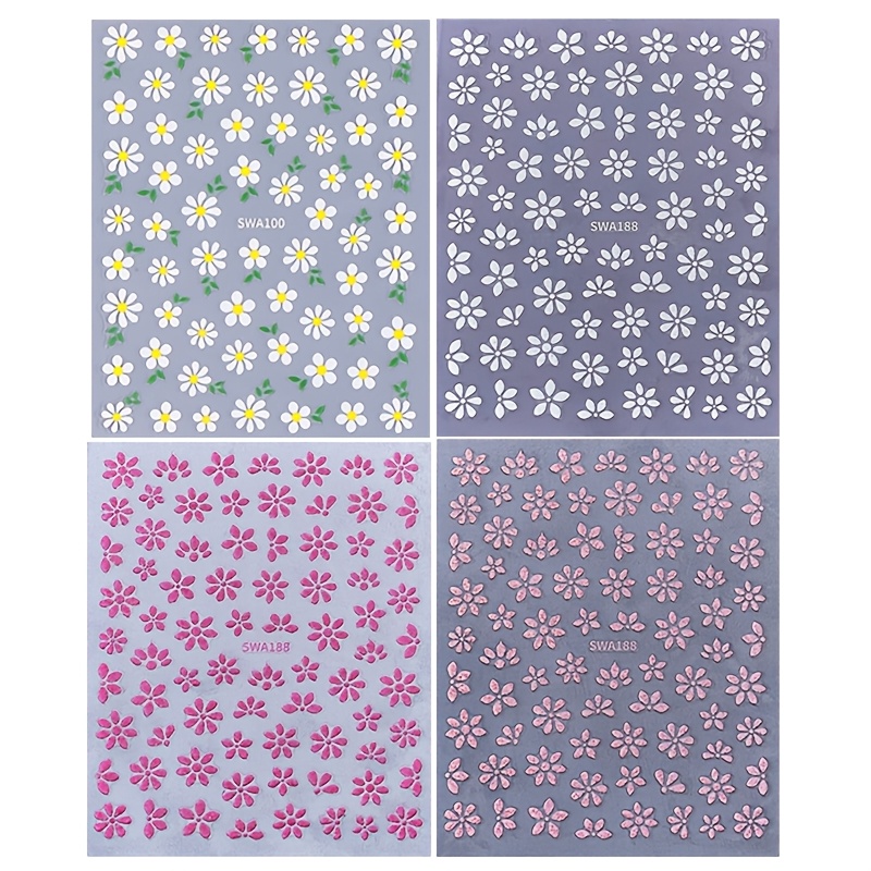 4pcs Floral Nail Stickers, Rose Red, Pink, White Flowers, Petals, Daisy Pattern, Self-adhesive Nail Decals, Spring/summer Diy Nail Art Decorations, Nail Art Supplies For Ladies And
