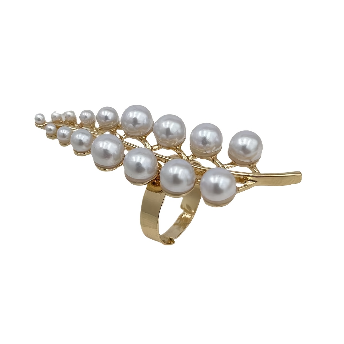 Elegant Long Imitation Pearl Leaf Ring - Golden-Toned Alloy with Imitation Imitation Pearl, Stylish Everyday & Party Jewelry for Women