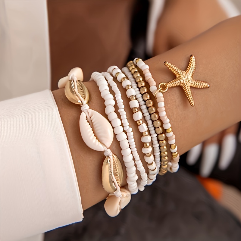 

7pcs/set Trendy Stacking Bracelet, Beach Casual Vacation Starfish Shell Hand Jewelry Bohemian Rice Beads Thread Rope Hand String Set Party Gift For Women