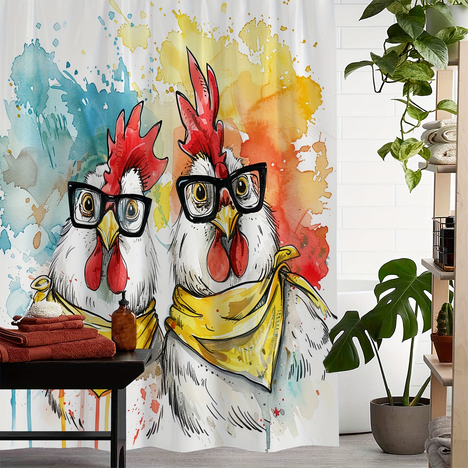 

Water-resistant Polyester Shower Curtain With Chick Print, Machine Washable, Includes 12 Hooks, Woven Arts Pattern, Animal Theme - 72x72 Inches