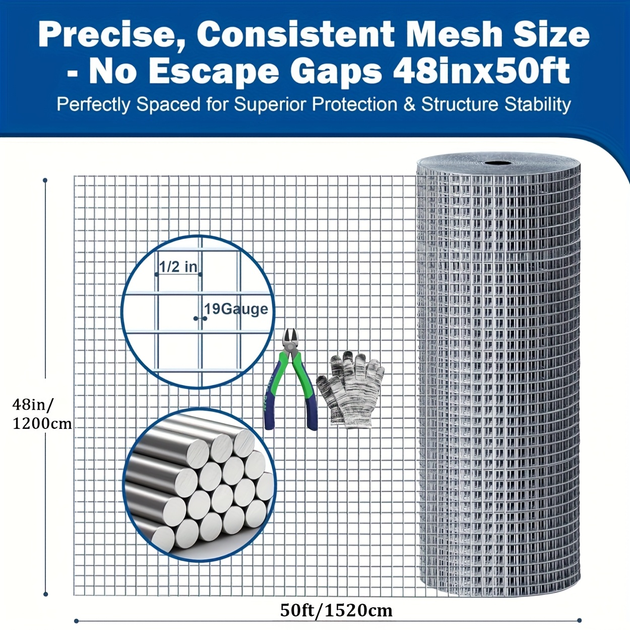 TEMU Heavy-duty Galvanized Welded Hardware Cloth Wire Mesh Roll - & Jumbo Sizes (1/2 Inch) | Rodent Proof Fence, Chicken Coop Wire, Garden Fence