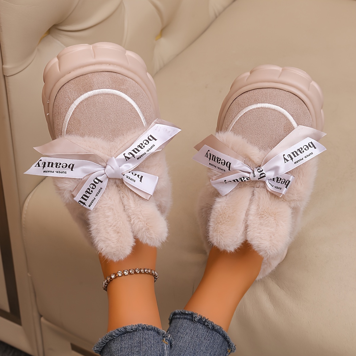 cozy womens winter slippers with bow plush lining non slip thick sole indoor shoes warm comfortable 6