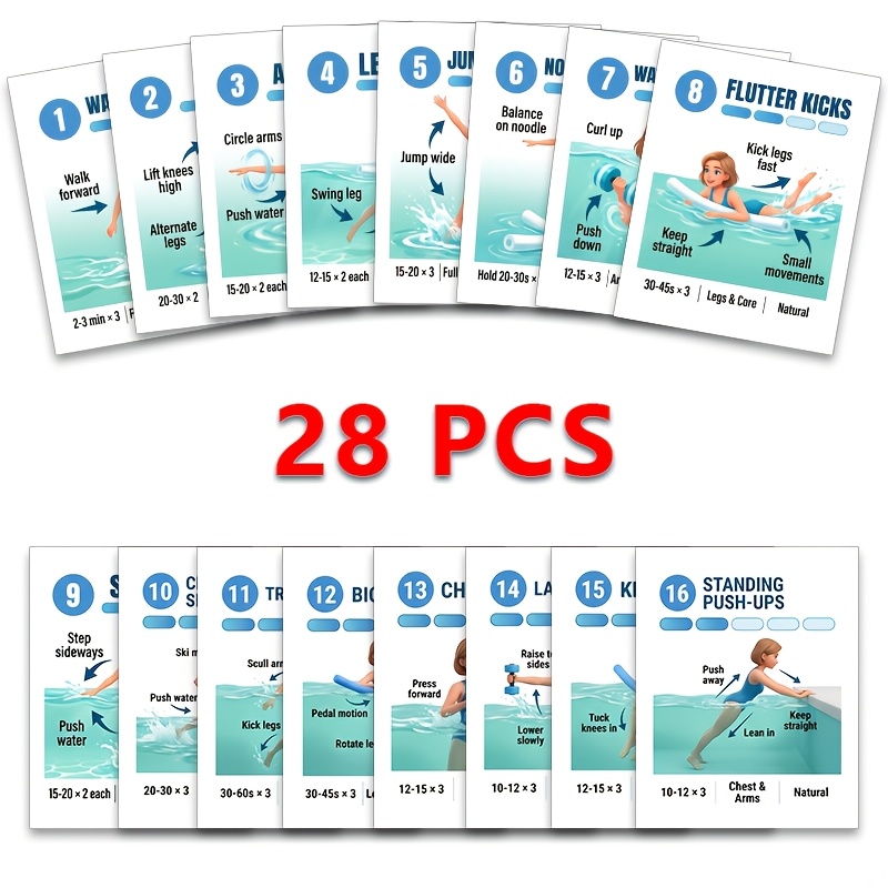 TEMU Cartes d'exercices d'aérobics aquatiques - Ensemble d'entraînement de piscine pour cardio à faible impact, améliorer et le musculaire