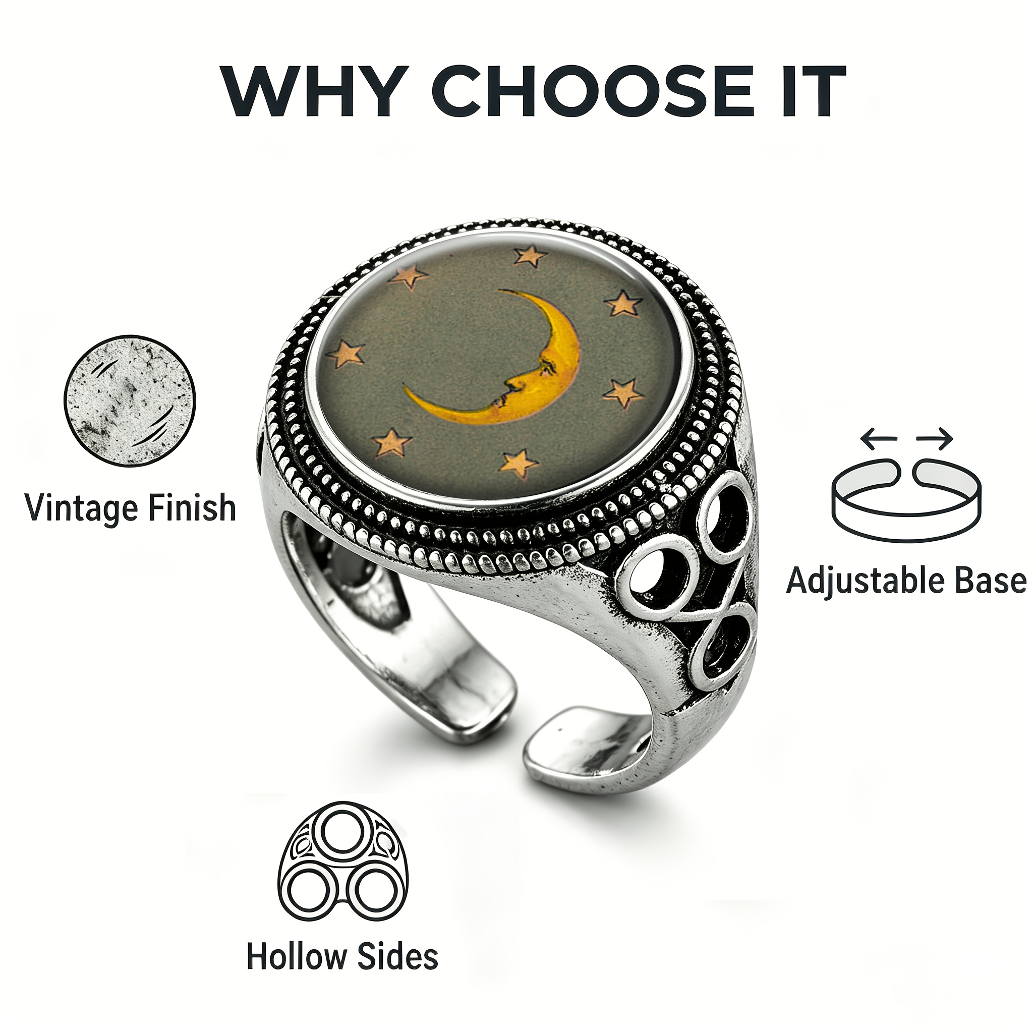 Classic Black Adjustable Ring with Yellow Crescent Moon