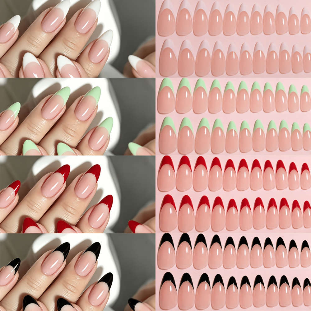 TEMU 96 Stück -On Nagelset Mandelform 4 Farben Weiß Grün Rot Schwarz Acryl Falsche Nägel für Frauen