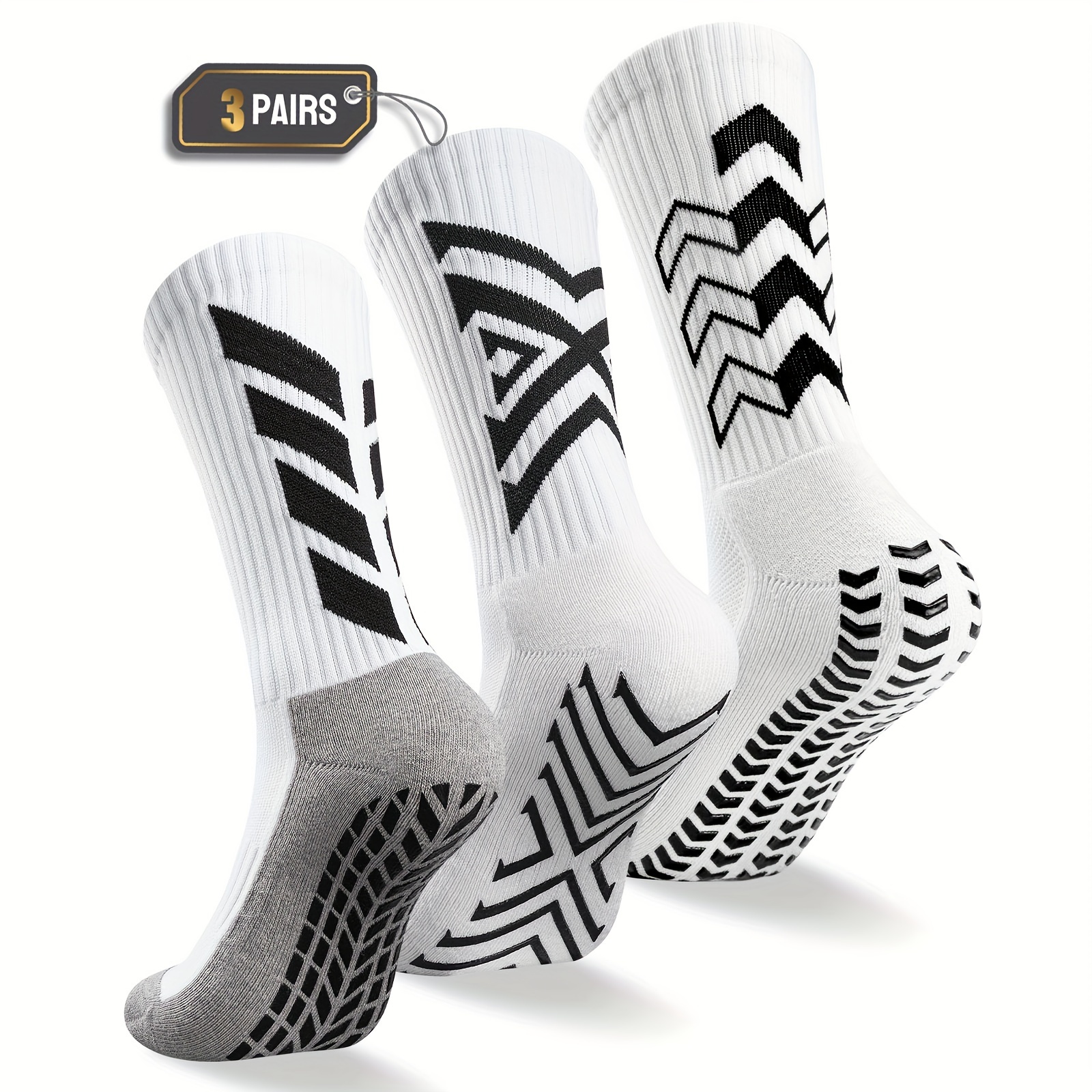 

3 Pairs White Football Grip Socks, Anti Blister Cushion Wicking Breathable Athletic Socks, Grip Soccer Training Sport Socks For Men