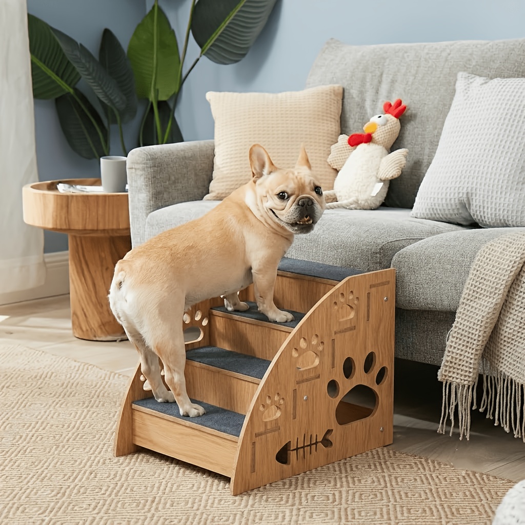 TEMU Small Pet Stairs For Bed/couch With Ramp & Safety Rails - 3-4 Step Dog Steps Suitable For Small/medium Dogs, Cats, Senior Pets - Thickened Wood,