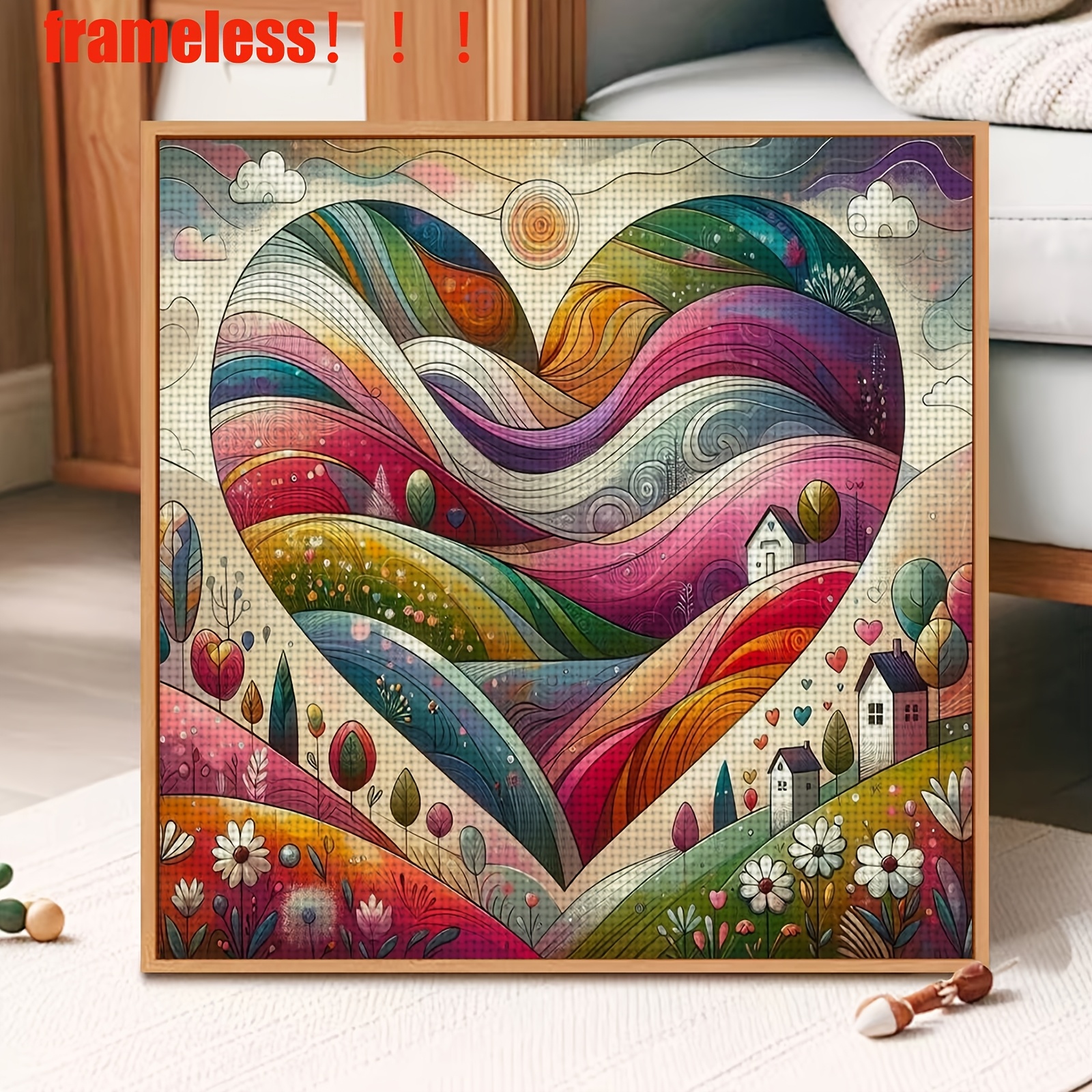 TEMU 1pc Beginner-friendly Easy-to-start Cross Stitch Embroidery Kit, "colorful Heart-shaped Scenery Illustration", Cozy Small Pattern For Bedroom,