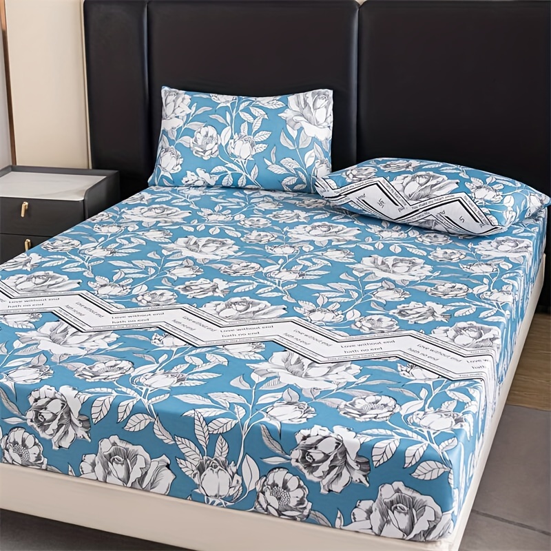 

3pcs Polyester Printed Fitted Sheet With Elastic Band And 2 Pillowcases (no Core) - Blue Floral Bedspread And Pillow Cover Set For Home Bedroom Decor