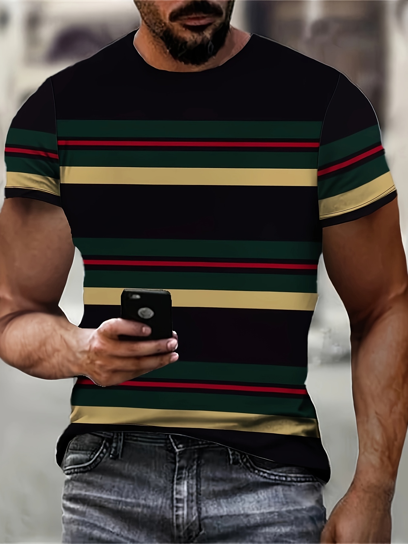 mens 3d print colorful striped pattern t shirt casual short sleeve crew neck tee summer outdoor knit fabric top regular fit polyester 95 spandex 5 110gsm