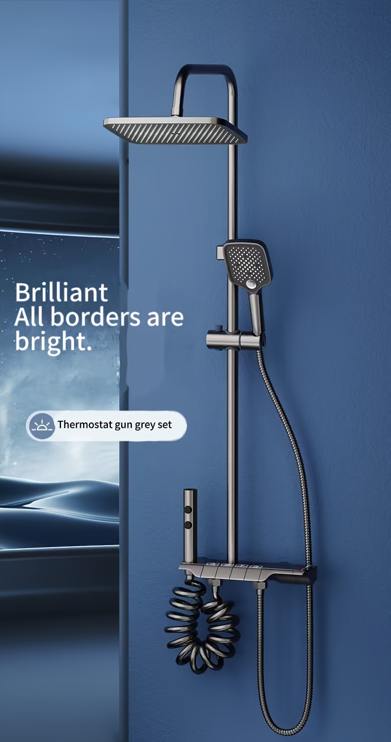 1 Zestaw Thermostatic Shower System w kolorze Gun Gray z 30,48 cm głowicą deszczu, ręczną wodą, regulowaną wysokością, montażem na ścianie i spryskiwaczem do bidetu - Trwały, izolowany cieplnie, odporny na zgniecenia, nowoczesny element łazienkowy, nowoczesny element łazienkowy|Zakończenie w kolorze Gun Gray|Regulowana wysokość, system wodoodporny