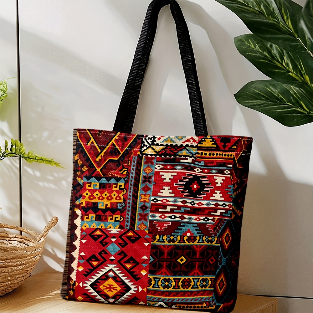 TEMU Women's Crossbody Tote Bag Vibrant Red Tribal Geometric Pattern Everyday Versatile Use Spring Summer Travel Festive Vibe