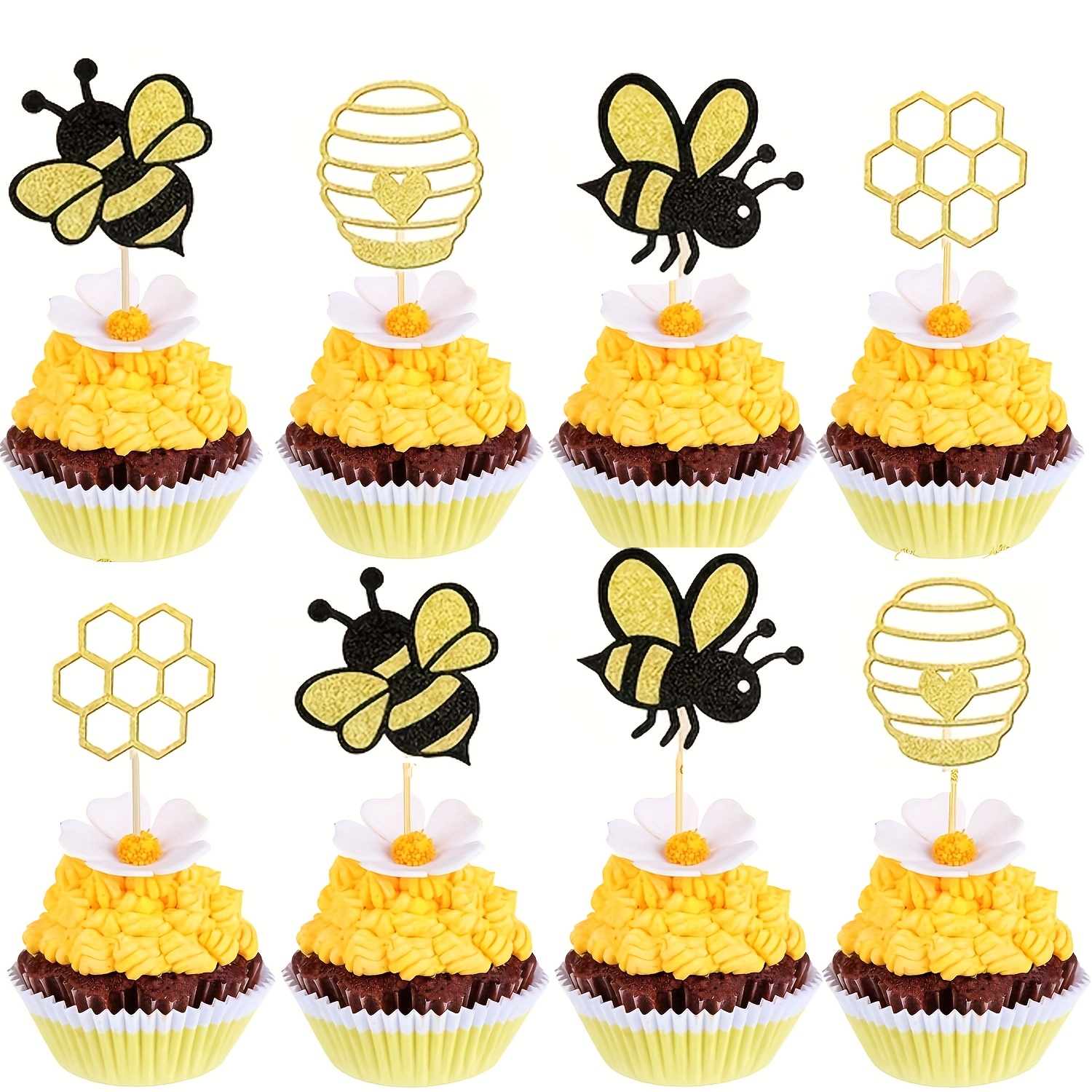 Image of Set Of 24 Bumble Bee Cupcake Decorations With Glitter For Gender Reveal, Honeycomb Heart Picks For Baby Shower And Birthday Celebrations, Halloween, Christmas