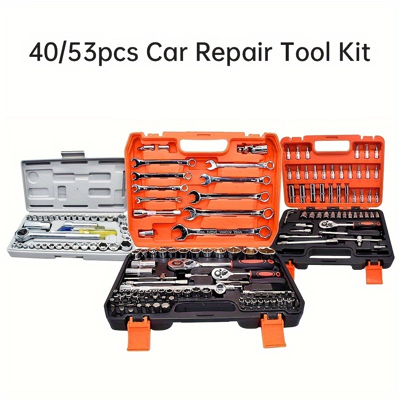 

40/53pc Auto Repair Tool Kit - Durable Ratchet, Torque Wrench, Spanner, Screwdriver & Socket Set For Car And Bicycle Maintenance